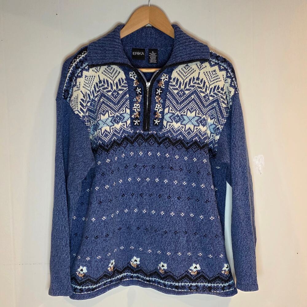 Vintage Knit Quarter Zip Sweater Erika Womens XL Blue Fair Isle